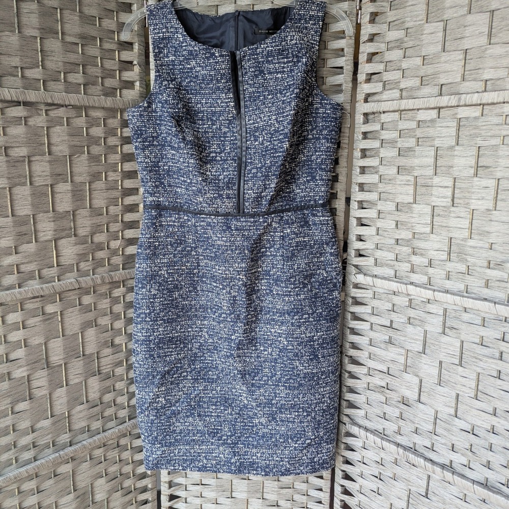 David Meister Navy White Tweed Sheath Dress‎ Vegan Leather Trim Sleeveless Sz 6